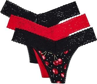 Hanky Panky DreamEase Original Rise Thong 3 Pack Womens Underwear Black/Cherry Bomb/Red, Spandex/Modal