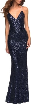 La Femme Print Sequin Gown in Jewel Tones with V Neckline in Navy at Nordstrom, Size 10