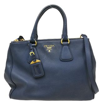 Prada Double Zip Convertible Tote Saffiano Leather Navy Leather Handbag (Pre-Owned)