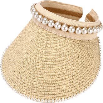 Generic Straw Visor Hats for Women Foldable Wide Brim Pearl Roll Up Sun Visor Hat Baseball Cap Beach Ponytail Hats Empty Top Outdoor Travel Adjustable Spring 