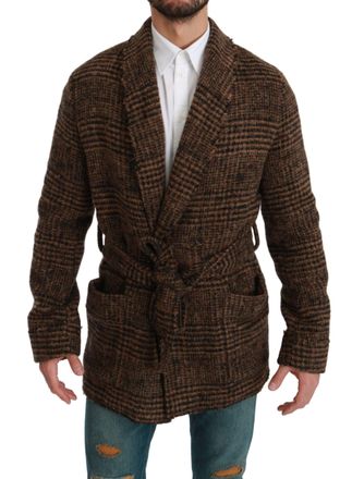 Dolce & Gabbana Mens Brown Checkered Wool Robe Coat Wrap Jacket Nylon Alpaca Clothing