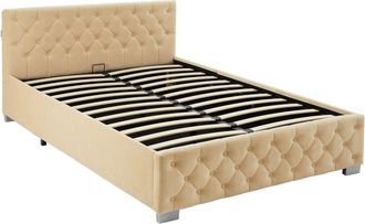 TecTake Cama tapizada con LED y somier abatible, 250 kg, 140 x 200 cm, beige