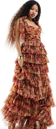 Lace & Beads Petite tiered bow shoulder tulle maxi dress in rose floral-Multi