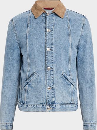 Brunello Cucinelli Mens Suede-Collar Light Wash Denim Jacket