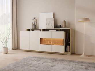 Vente-Unique Credenza 4 ante e 4 nicchie con LED Beige e Naturale chiaro - IDESIA