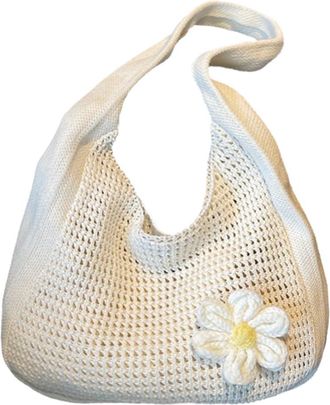 Generic Floral Crochet Shoulder Bag Casual Hollow Out Knit Tote for Girls Women(Apricot) (Apricot)
