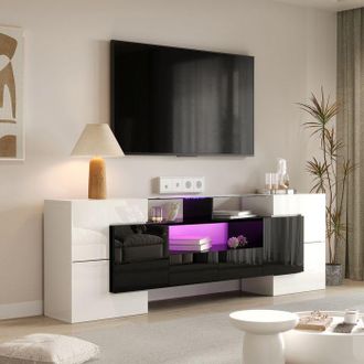 OEM Mueble De Tv Modelo, Blanco Y Negro, Iluminaci&oacute;n Led, 6 Puertas, 2 Cajones, Mueble De Sal&oacute;n, 200 X 35 X 60 Cm