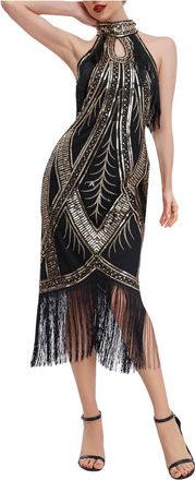 Generic 20s Dress Womens Gatsby 1920s Dresses Fringe Dress Gold Black Flapper Dress Short Charleston Costume Halterneck Sequin Dress Carnival Fancy Dress Frin
