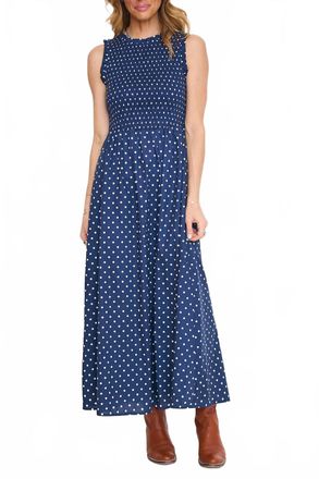 Sugarlips Ivany Polka Dot Cecil Smocked Midi Dress In Navy White