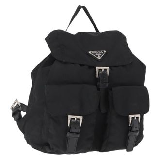 Prada Vela Double Front Pocket Backpack Tessuto With Saffiano Leather Black Nylon Backpack Bag (Pre-Owned)