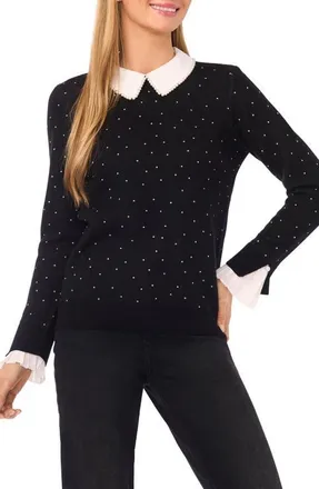 CeCe by Cynthia Steffe Faux Pearl Contrast Collar Cotton Top in Rich Black at Nordstrom, Size Xx-Small