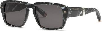 Philipp Plein Zwarte Gemarmerde Zonnebril met Rooklenzen - Heren - Zonnebrillen - Zwart - 55 MM - Accessoires