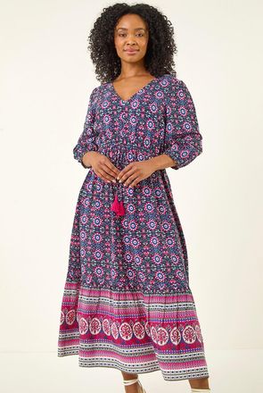 Roman Aztec Border Print Midi Dress