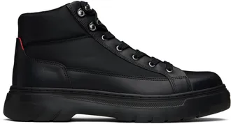 【関税込み】Hugo ブラック スタックロゴ ブーツ HUGO - Zipped half boots in leather with signature outsole