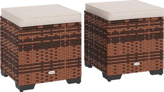 OUTSUNNY Set of 2 Rattan Footstool - Storage Ottoman w/ Cushions - Beige | TJ Hughes