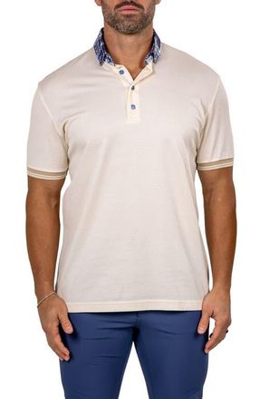 Maceoo Marthyr Textured Contrast Collar Cotton Polo in Beige at Nordstrom, Size 3
