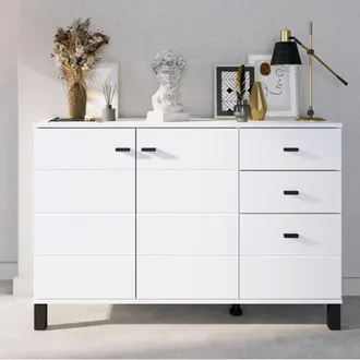 Dmora Credenza Guatav, Madia 3 Cassetti, 2 Ripiani, Apertura Battente, Scorrevole, 116x35x78h Cm Bianco Opaco