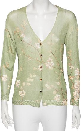 Roberto Cavalli Green Floral Printed Knit Button Front Cardigan