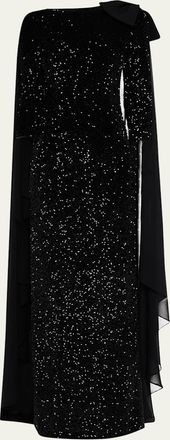 Teri Jon Sequin Velvet Column Cape Gown
