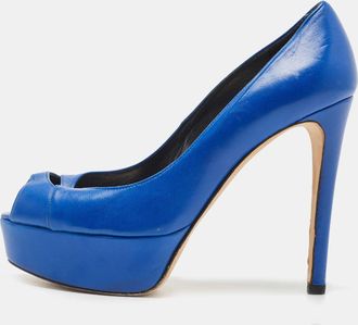 Stuart Weitzman Blue Leather Peep Toe Platform Pumps