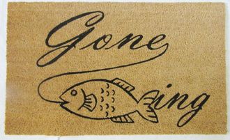 Imports Decor Gone Fishing Coir Door Mat, Funny Fishing Theme Coconut Fiber Doormat with Non-Slip PVC Backing, Indoor Outdoor Entrance Rug
