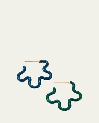 Bea Bongiasca Two-Tone Asymmetrical Flower Small Hoop Earrings in Emerald and Teal Enamel