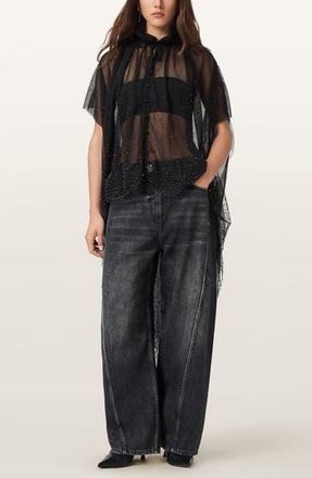 AllSaints Sez Embellished Sheer Tulle Cape in Black at Nordstrom Rack