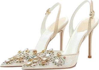 Generic Women Diamond Detail High Heel Sandals Pointed Toe Wedding Bridesmaid Shoes Apricot