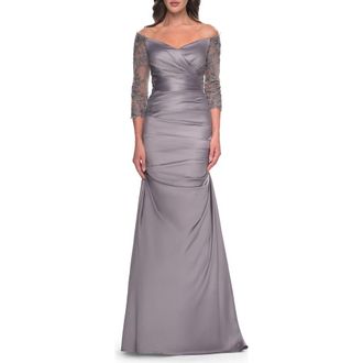 La Femme Mermaid Satin Dress with Gathering and Off the Shoulder Top in Silver at Nordstrom, Size 18