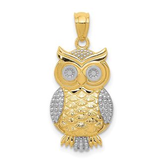 Diamond2Deal 14k Yellow Gold Rhodium Polished Textured Owl Pendant