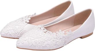 Supvox Women Lace Flat Shoes White Wedding Flats Pointed Toe Casual Bridal Shoes Size 39