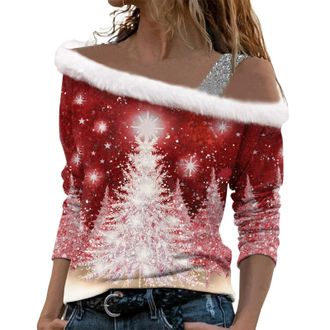 Generic Christmas Jumpers for Women Off Shoulder Wine Glass Print Oversized Sweatshirt Funny Novelty Xmas Print Tops for Women UK Long Sleeve Cold Shoulder Ho