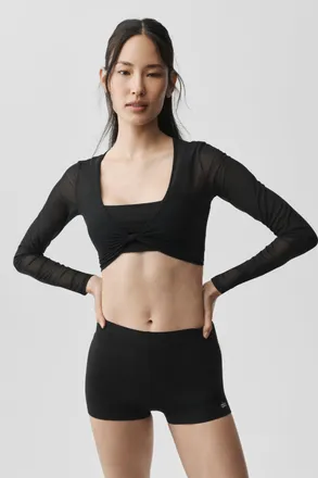 Alo | Mesh Knotty Long Sleeve Shorts Short Sleeves Top in Black, Size: Medium