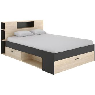 Vente-Unique Vente-unique - Letto matrimoniale alla francese con testiera portaoggetti e cassetti 140 x 190 cm Quercia e antracite - leandre