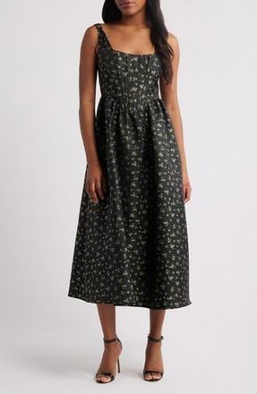 Lulus Celine Floral Corset Cocktail Midi Dress in Black Multi at Nordstrom Rack, Size Medium