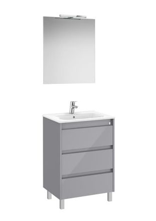 Roca Mueble Lavabo 600mm Tenet 3 Cajones + Espejo Y Aplique Led Gris Brillo
