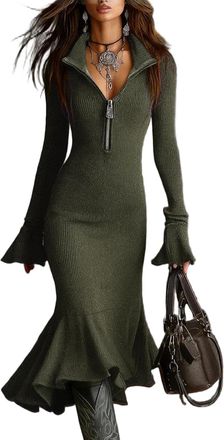 Generic Womens Knitted Bodycon-Dress Quarter Zipper Bell Sleeve Sweater Dress Fish Tail Maxi Dresses Long Sleeve Dress Army Green L