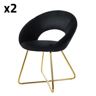 ML Design 2x Sillas de comedor aspecto terciopelo negro patas de metal doradas