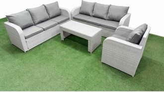 Fimous Fimous 7 Seater Poly Rattan Outdoor Garden Furniture Oblong Coffee Table Sofa Set Patio 3 Seater Sofa Reclining Chair 3 Seater Sofa Side Table Light
