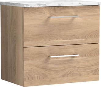 Nuie Nuie Arno Wall Hung 2-Drawer Vanity Unit with Carrera Marble Worktop 600mm Wide - Bleached Oak