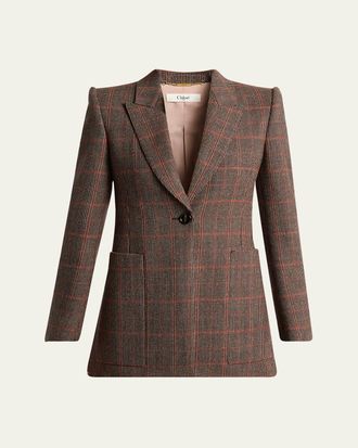ジャケット CHLOE SINGLE-BREASTED CHECKED BROWN WOOL JACKET Chloe Plaid Single-Breasted Jacket | Neiman Marcus