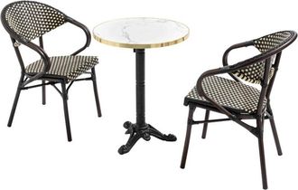 Oviala Mesa de terraza reclinable de mármol blanco de 60 cm y 2 sillas negras