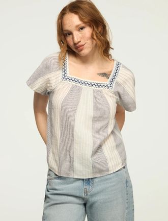 Lucky Brand Womens Square Neck Striped Embroidered Top