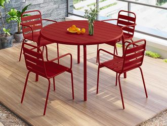 Vente-Unique Sala da pranzo da giardino un tavolo D.110 cm e 4 poltrone impilabili in Metallo Rosso - MIRMANDE di MYLIA