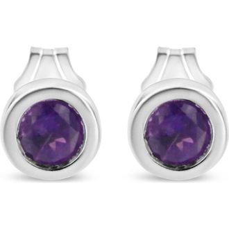 House of Brilliance Silver Bezel Set 3.5mm Created Gemstone Solitaire Stud Earrings in Purple Amethyst at Nordstrom