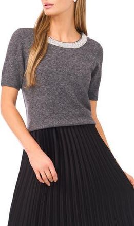 Halogen Rhinestone Collar Short Sleeve Sweater in Medium Heather Grey at Nordstrom Rack, Size X-Small