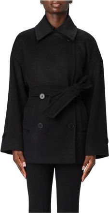 Max Mara Jassen, Dames, Zwart, 3Xs, Wol, Wollen Mantel met Riem