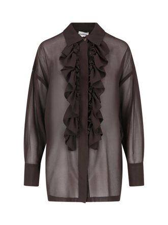 P.A.R.O.S.H. Semi-Transparent Brown Blouse With Front Ruffles