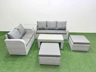 Fimous 7 Seater PE Rattan Wicker Garden Furniture Patio Conservatory Sofa Set w/ Oblong Coffee Table 3 Seater Sofa Love Sofa 2 Big Footstool Side