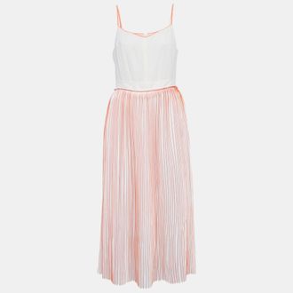 Victoria Beckham White/orange Silk And Plisse Midi Dress